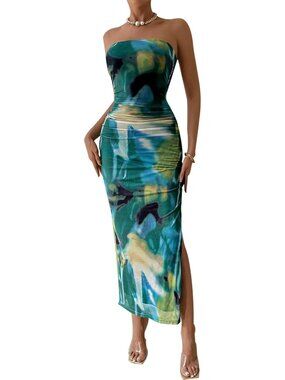 Women's Print Green Floral Summer Wedding Guest Dress Strapless Tube Top Maxi